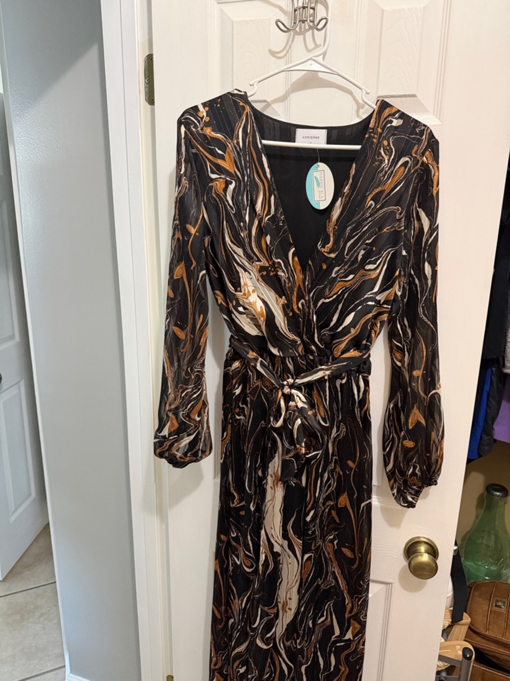 Adrienne Black & Brown Marble-Print maxi Dress- NWT